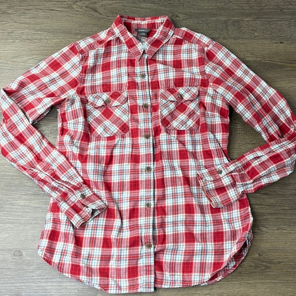 Eddie Bauer Women’s Red White Plaid Collared Button Down Shirt, size Small